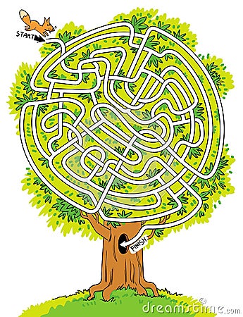 Help a little squirrel through a maze shaped like branches and a tree. Children puzzle Vector Illustration