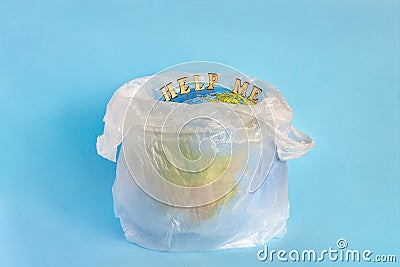 Help me and Model planet Earth in polyethylene plastic package Stock Photo