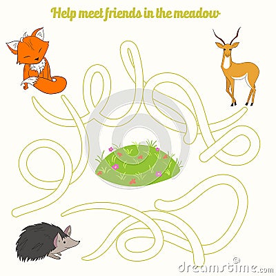 Help meet friends in the meadow child game Vector Illustration