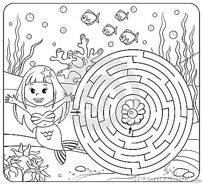 Help mermaid find path to pearl. Labyrinth. Maze game for kids. Coloring page Vector Illustration