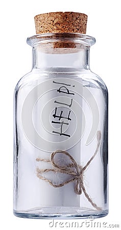 Help message corked into the bottle. Stock Photo