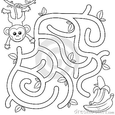 Help monkey find path to banana. Labyrinth. Maze game for kids. Black and white vector illustration for coloring book Vector Illustration