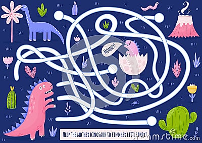 Help mother dinosaur to find her baby. Funny maze game for children Vector Illustration