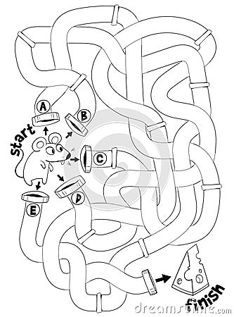 Help the mouse through the labyrinth. Children logic game to pass the maze. Coloring book Vector Illustration