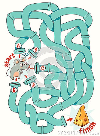 Help the mouse through the labyrinth. Children logic game to pass the maze Vector Illustration
