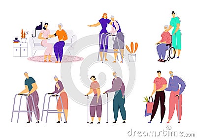 Help Old Disabled People in Nursing Home. Social Worker Community Care of Sick Seniors on Wheelchair, Skilled Nurse Vector Illustration