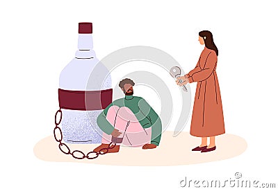 Help overcome alcohol addiction, abuse alcoholism concept. Drunken man, drinker addicted to excessive alcoholic drink Vector Illustration