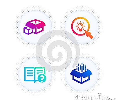 Help, Packing boxes and Energy icons set. Open box sign. Documentation, Delivery package, Turn on the light. Vector Vector Illustration