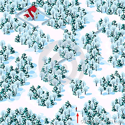 Help the person find the way to the house through the winter mixed forest. Children`s game riddle maze Vector Illustration