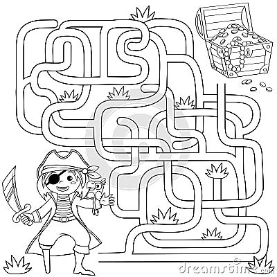 Help pirate find path to treasure chest . Labyrinth. Maze game for kids. Black and white vector illustration for coloring book Vector Illustration