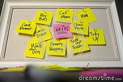 Help, Post it Notes, To Do List Sticky Notes, Overwhelmed Concept, Busy Concept, Need Help Concept Stock Photo