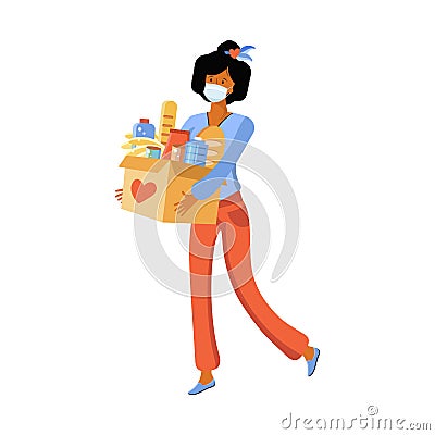 Help with quarantine. Young woman in a protective medical mask carries a bag of food. Volunteer carries food to people sitting at Cartoon Illustration