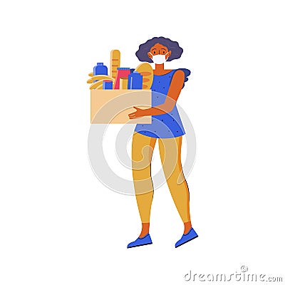 Help with quarantine. Young woman in a protective medical mask carries a box of food. Volunteer carries food to people sitting at Stock Photo