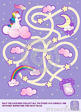 Help the Rainbow Unicorn collect all the stars in a single line without repeating the path twice. Color maze or labyrinth game for Vector Illustration