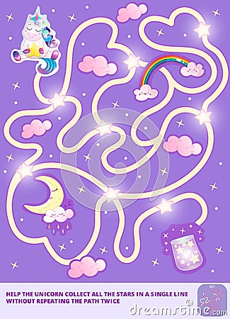 Help the Rainbow Unicorn collect all the stars in a single line without repeating the path twice. Color maze or labyrinth game for Vector Illustration