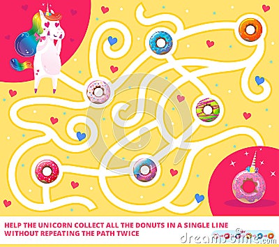 Help the Rainbow Unicorn collect all the yummy donuts in a single line without repeating the path twice. Color maze or labyrinth Vector Illustration