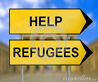 Help Refugee traffic sign with blurred Berlin background Stock Photo