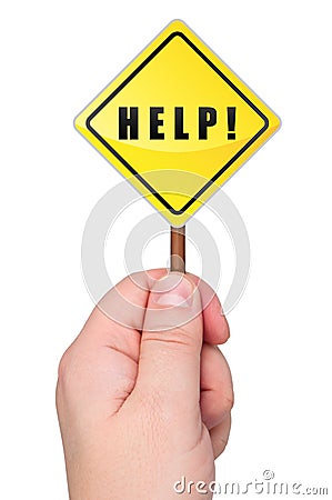 Help road sign in hand isolated. Stock Photo