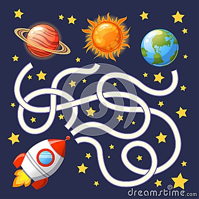 Help rocket find path to Earth. Labyrinth. Maze game for kids Vector Illustration