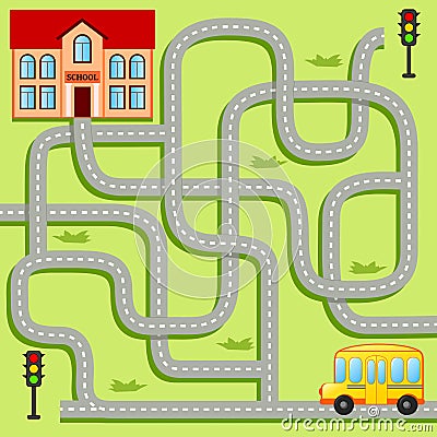 Help school bus find path to school. Labyrinth. Maze game for kids Vector Illustration