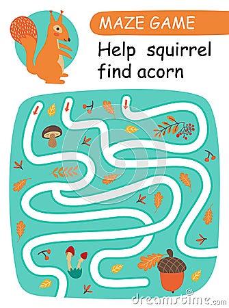Help squirrel find acorn. Maze game for kids. Vector Vector Illustration