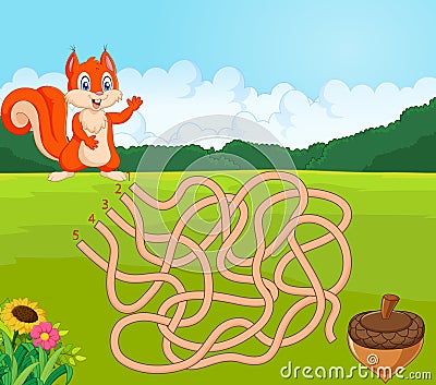 Help squirrel to find way to pinecone in the maze game Vector Illustration