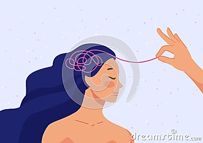 Help tangled minds. Hand unravel disorder mental threads of teenager woman, treatment anxiety mind obsessive brain Vector Illustration