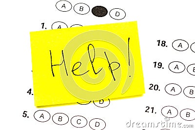 Help is a text written on standardized quiz or test score Stock Photo