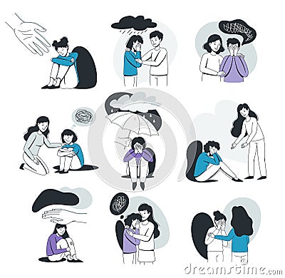 Help to Young Girl in Depression Feeling Sad Suffering from Mental Disorder Vector Set Vector Illustration