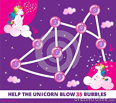 Help the unicorn blow 35 bubbles. Color elementary arithmetic maze game for children. Puzzle. Math summation tangled road with key Vector Illustration