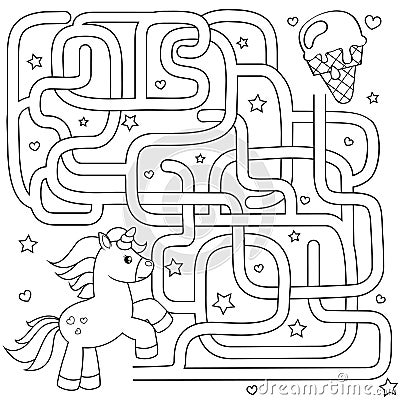 Help unicorn find path to ice cream. Labyrinth. Maze game for kids. Black and white vector illustration for coloring book Vector Illustration