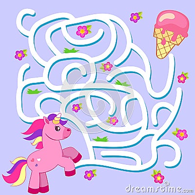 Help unicorn find path to ice cream. Labyrinth. Maze game for kids Vector Illustration