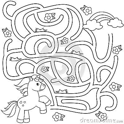 Help unicorn find path to rainbow. Labyrinth. Maze game for kids. Black and white vector illustration for coloring book Vector Illustration
