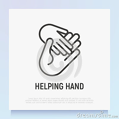 Helping hand: child hand in adult. Thin line icon. Modern vector illustration of adoption, charity or support Vector Illustration