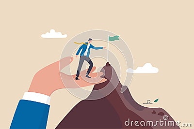 Helping hand, coaching or mentor support employee to achieve business target, inspiration or advantage to reach goal concept, Vector Illustration