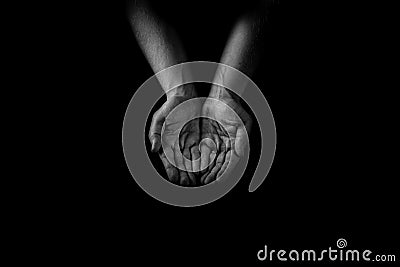 Helping hand concept, Man`s hands palms up, giving care and supp Stock Photo