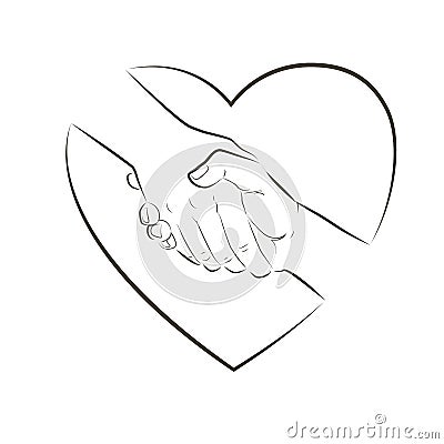 Helping hand and heart. Gesture, sign of help and hope concept. Two hands taking each other. Isolated vector line Vector Illustration