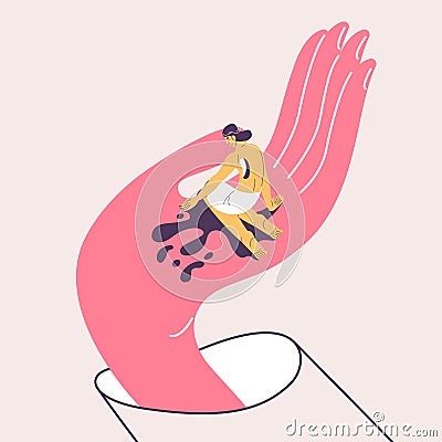 Helping hand for woman in pain because of loss. Concept illustration with female sad and depressed character with hole in breast Cartoon Illustration