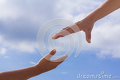 Helping hands, sky background, Rescue concept, religion.. Stock Photo