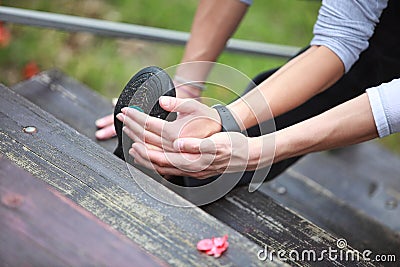 Helping - personal trainer explaining training details to client Stock Photo