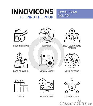Helping for the poor - line design style icons set Vector Illustration