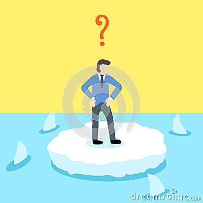 Helpless businessman stand alone on a small ice land which surrounded by sharks Stock Photo