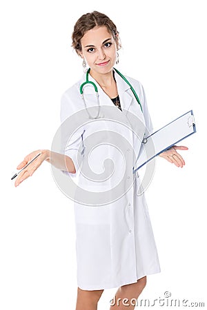 Helpless doctor woman shrug her shoulders Stock Photo