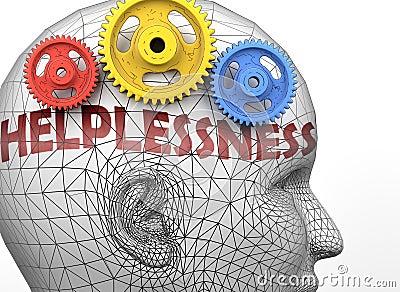 Helplessness and human mind - pictured as word Helplessness inside a head to symbolize relation between Helplessness and the human Cartoon Illustration