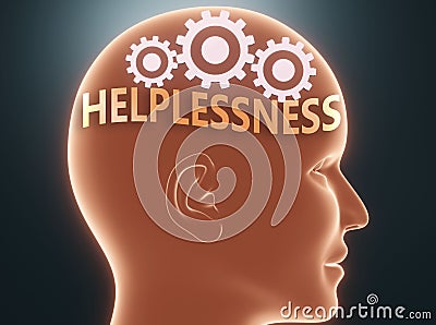 Helplessness inside human mind - pictured as word Helplessness inside a head with cogwheels to symbolize that Helplessness is what Cartoon Illustration