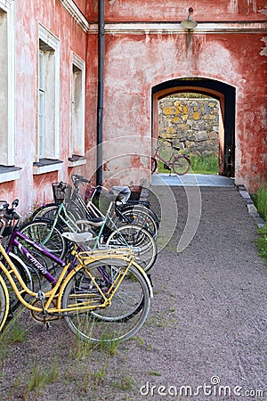 Helsinki, Finland. Bikes on the parking near house Editorial Stock Photo