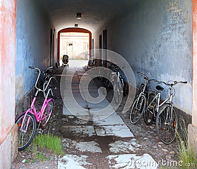 Helsinki, Finland. Bikes on the parking near house Editorial Stock Photo