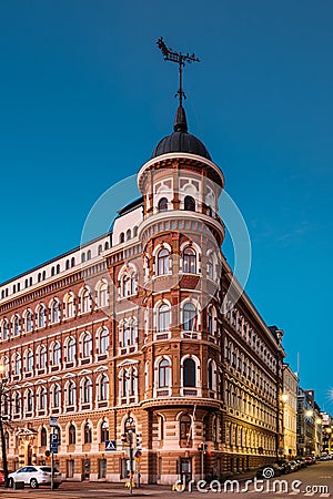 Helsinki, Finland. Crossroad Of Pohjoisranta And Kirkkokatu Street In Night Illumination Stock Photo