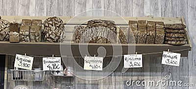 Helsinki, Finland - March 19, 2019: Various shape of rye bread for sale in Hakaniemi Market Hall Editorial Stock Photo