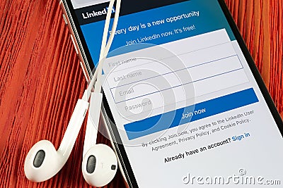 Linkedin homepage on Apple iPhone X screen close-up. Linkedin app icon. linkedin.com. Social media app. Social network Editorial Stock Photo